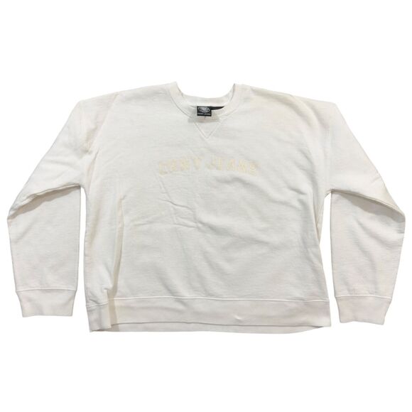 DKNY Jeans Sweatshirt Unisex Large White Spell-out Logo Long Sleeve Crew Neck - Picture 1 of 7